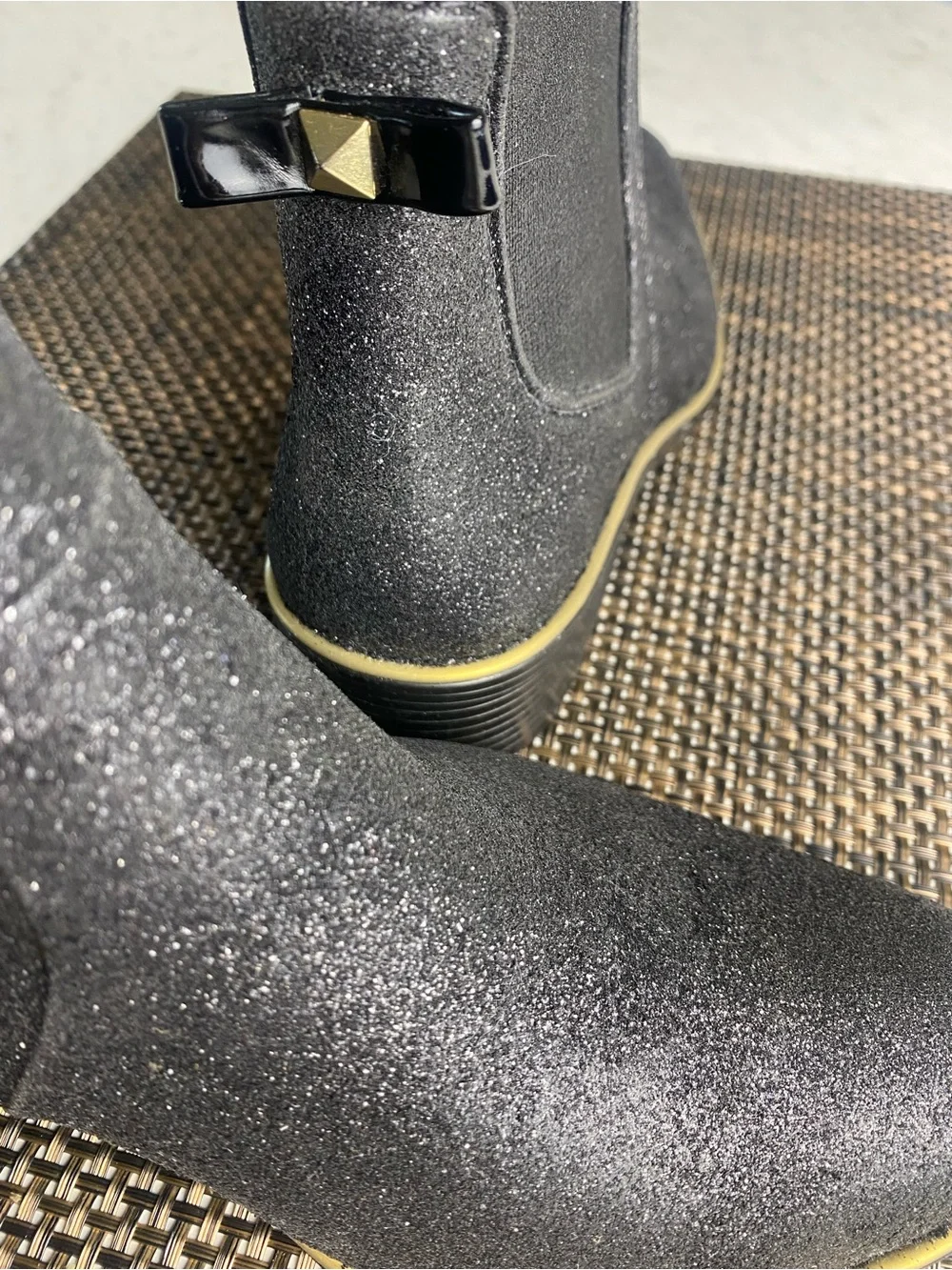 Kate Spade Sedgwick Chelsea Glitter Rain Boots Sz 7 Black Bow Gold Detail NWOB